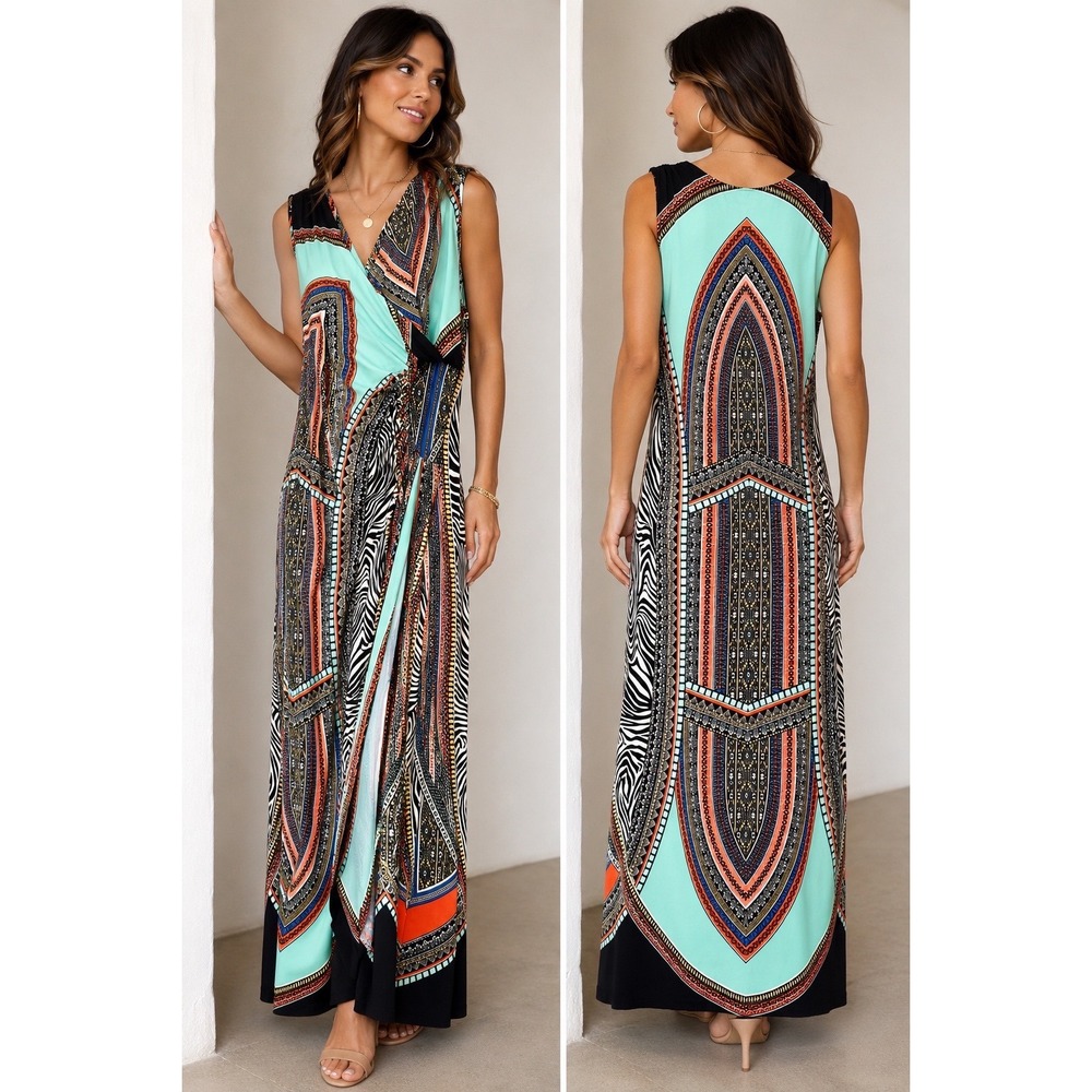 Kate & Mallory Boho Paisley Geometric Print Maxi Dress XL Sleeveless Faux Wrap‎